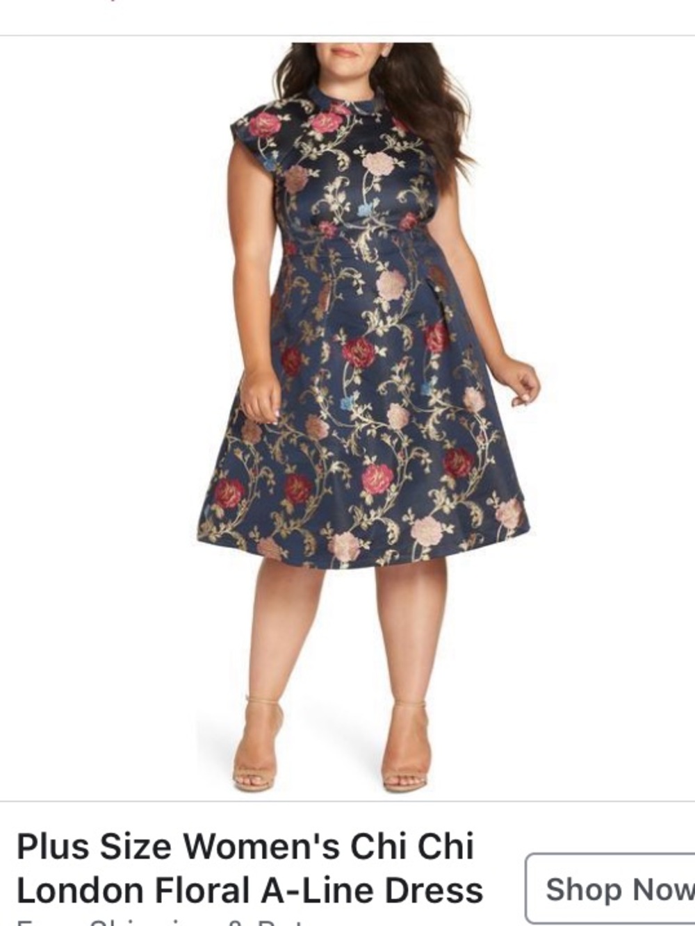 Chi Chi London Curve Elegant Navy Cocktail Dress with Pink & Gold Floral Design